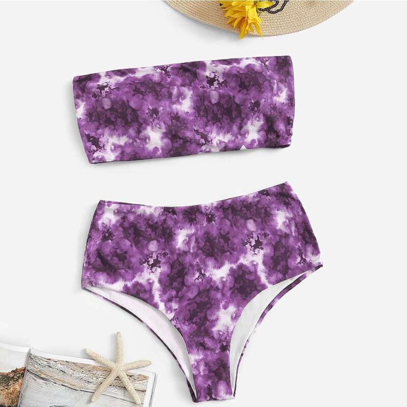 

Plus Tie Dye Bandeau With High Waist Bikini, Purple