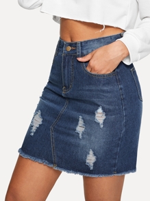 Ripped Raw Hem Denim Skirts
