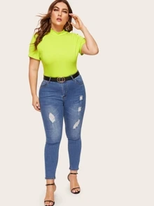 SHEIN Plus Neon Lime Mock-neck Ribbed Knit Top - Lime Green - View 3