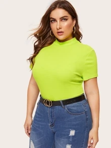 SHEIN Plus Neon Lime Mock-neck Ribbed Knit Top - Lime Green - View 4
