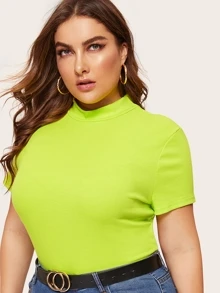 SHEIN Plus Neon Lime Mock-neck Ribbed Knit Top - Lime Green - View 5