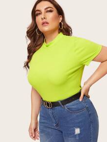 SHEIN Plus Neon Lime Mock-neck Ribbed Knit Top - Lime Green - View 6