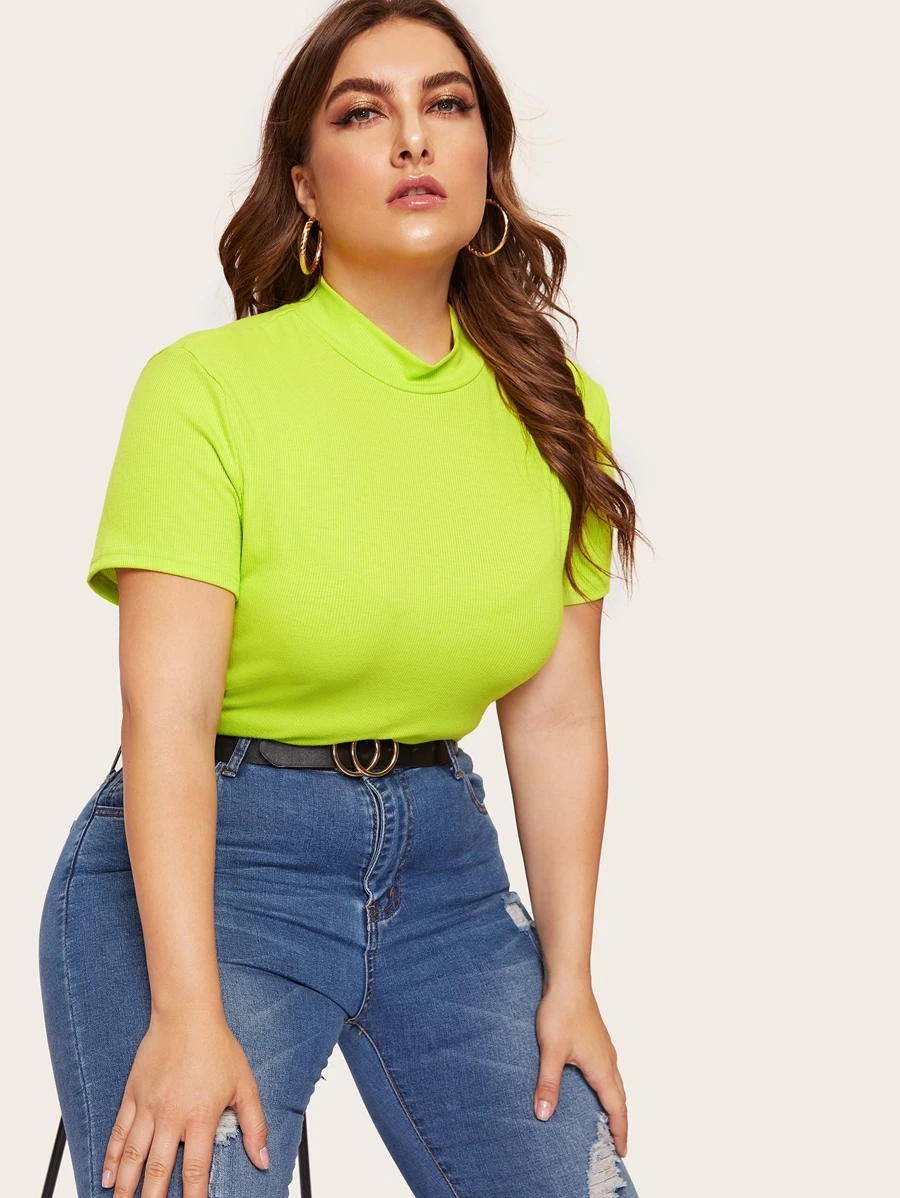 SHEIN Plus Neon Lime Mock-neck Ribbed Knit Top - Lime Green - View 1
