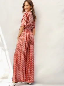 SHEIN VCAY 深v領前綁結繫帶染色闊腳連身褲