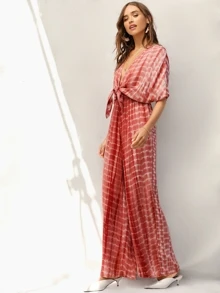 SHEIN VCAY 深v領前綁結繫帶染色闊腳連身褲