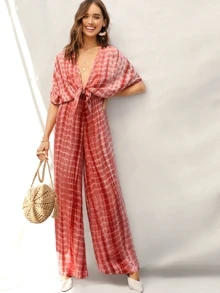 SHEIN VCAY 深v領前綁結繫帶染色闊腳連身褲