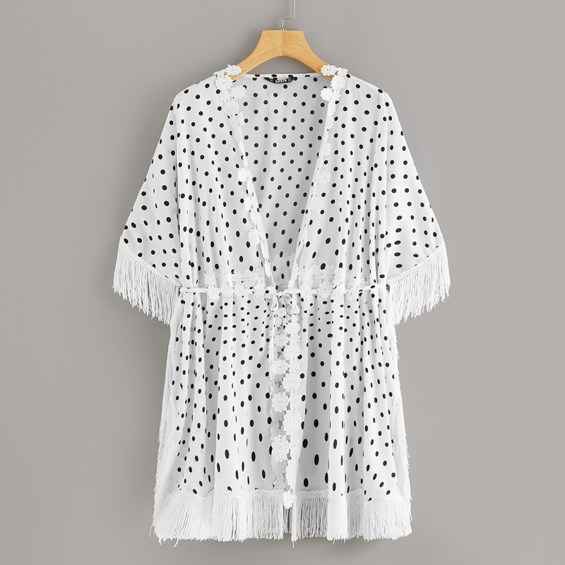 

Fringe & Lace Trim Polka Dot Kimono, Black and white