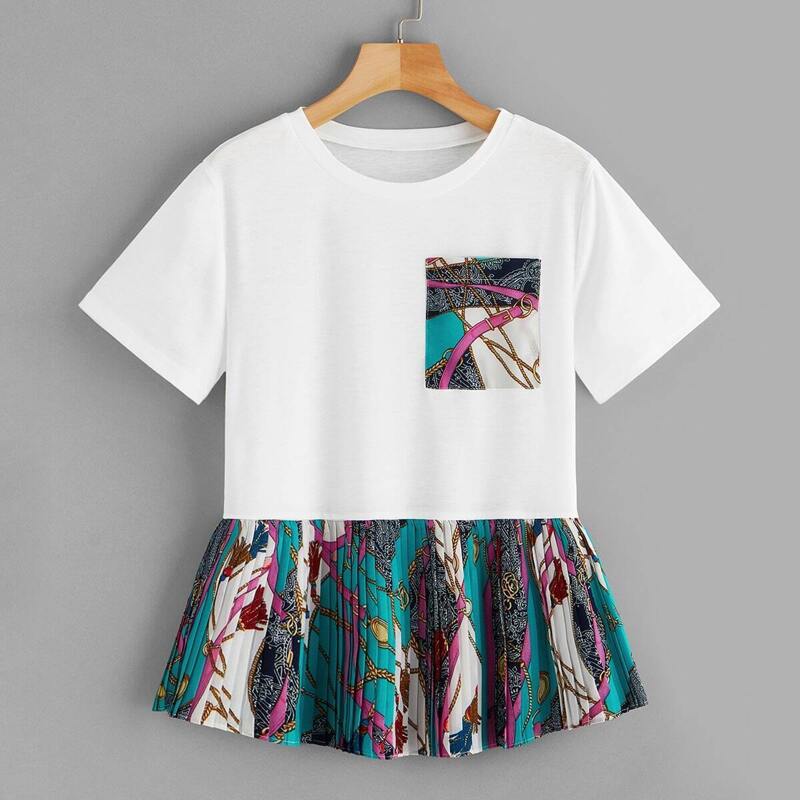 

Scarf Print Panel Pocket Detail Ruffle Hem Tee, Multicolor