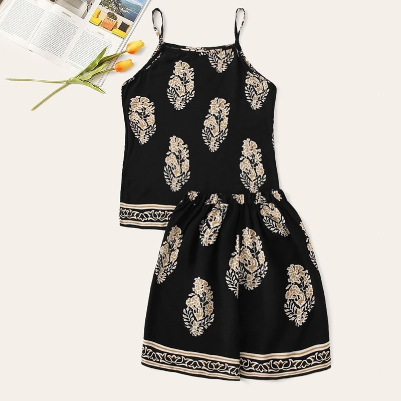 

Plus Tribal Print Cami Top With Shorts, Black