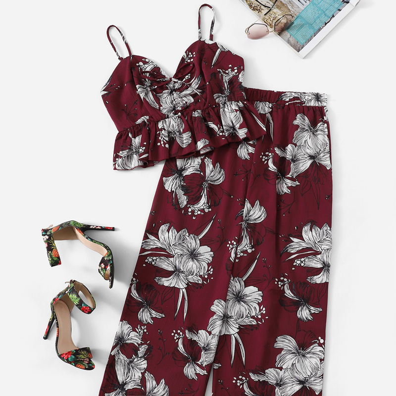 

Plus Floral Print Cami Top With Pants, Multicolor