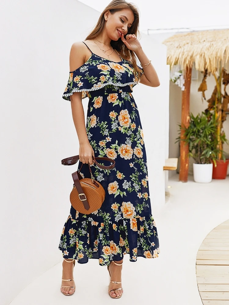 Marin Pom Pom Blommig Boho Klänningar | SHEIN SE Klänning med pompom dekorationer | SHEIN SE