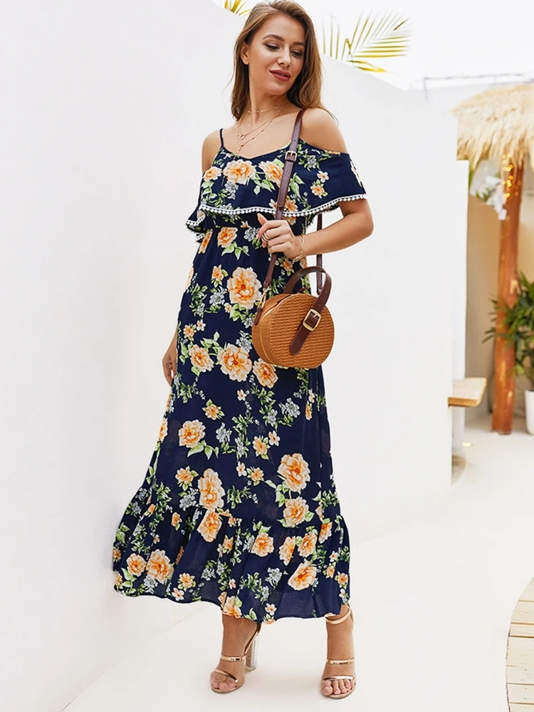 Marin Pom Pom Blommig Boho Klänningar | SHEIN SE Klänning med pompom dekorationer | SHEIN SE