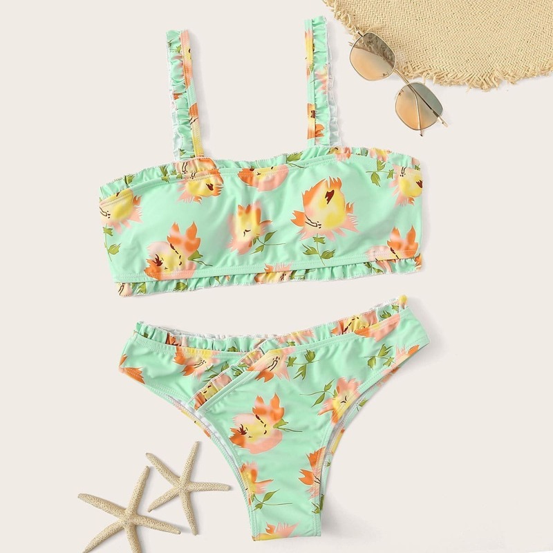 

Floral Frill Trim Bikini Set, Green