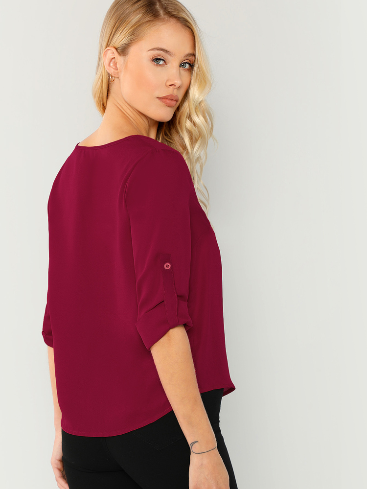 SHEIN Button Front V Neck Top - Burgundy - View 2