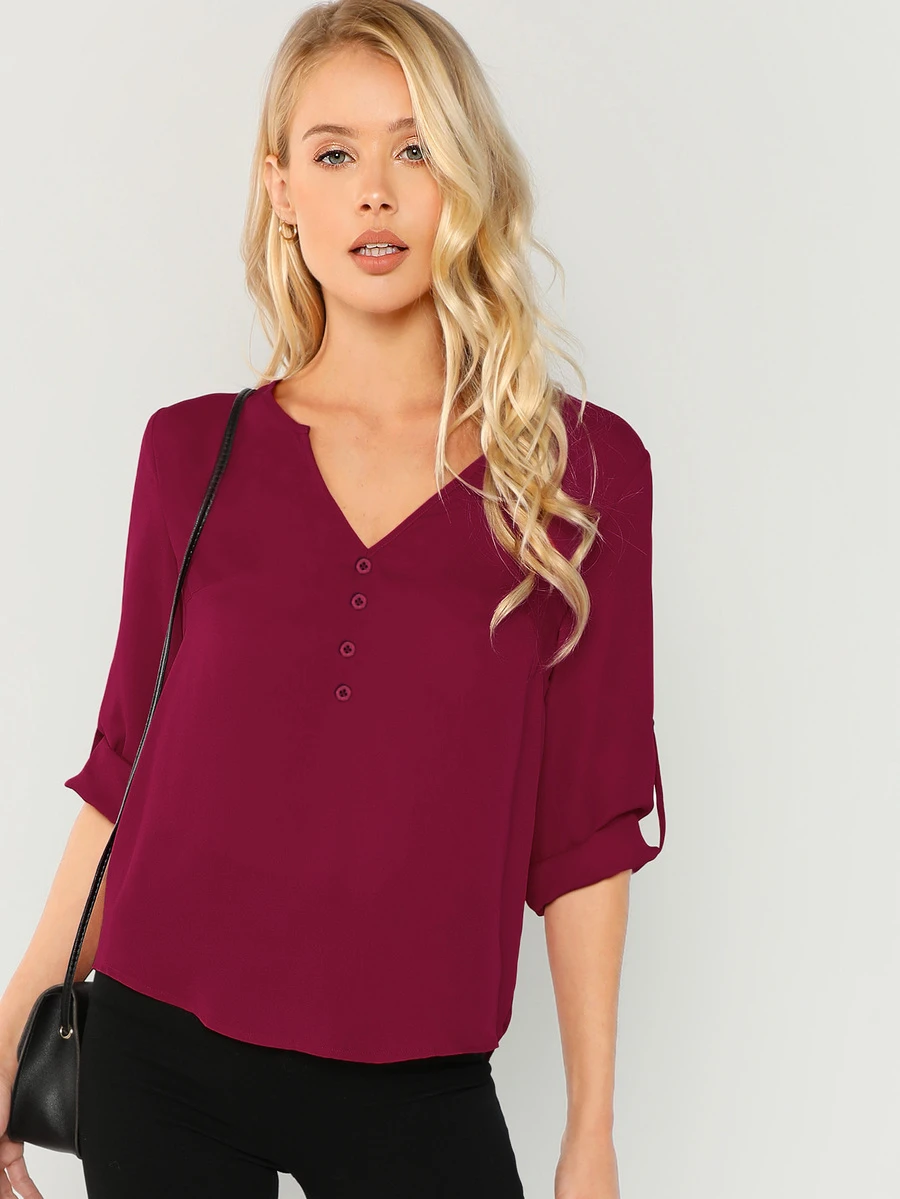 SHEIN 前紐扣V領上衣 - 酒紅色 - 查看 1