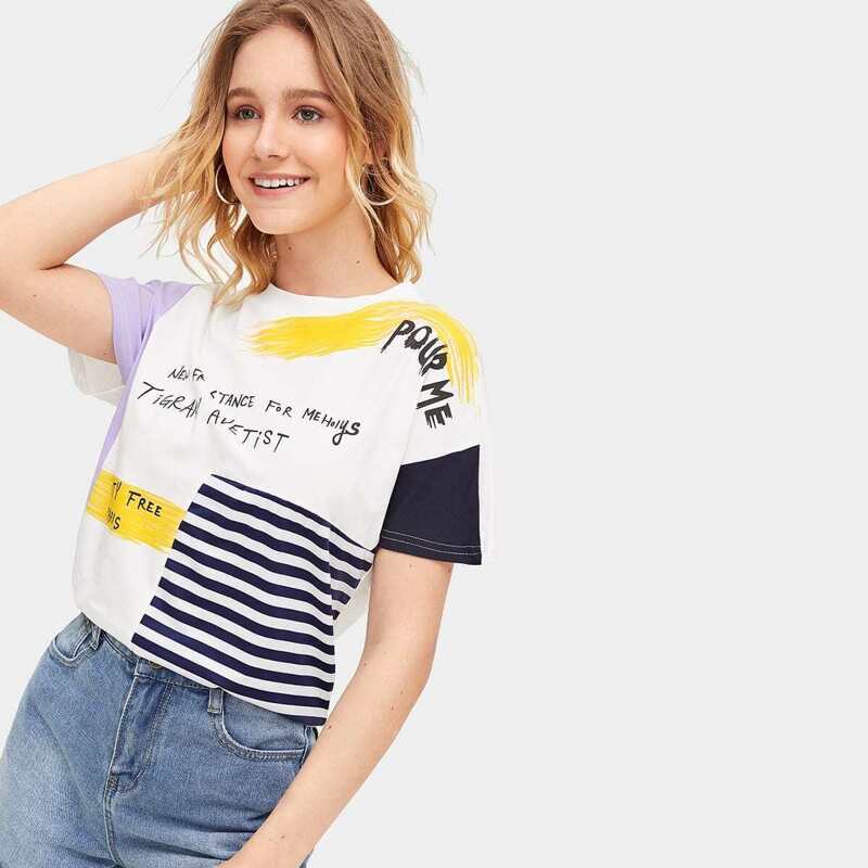 

Letter & Stripe Print Tee, Multicolor