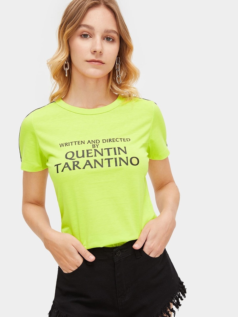 neon yellow striped tape side letter tee | romwe