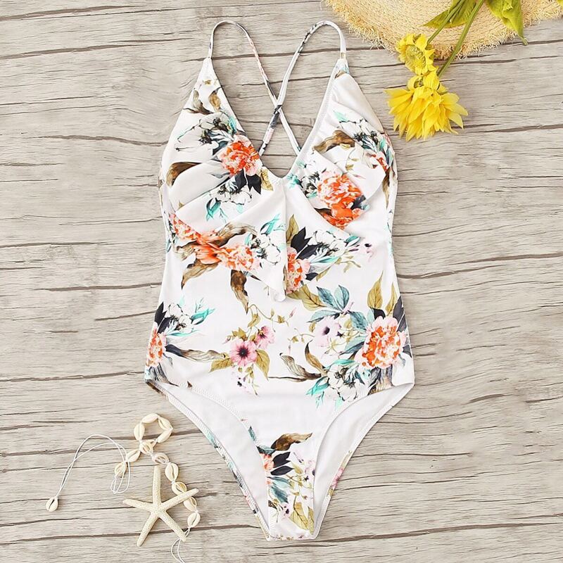

Floral Cross Back Flounce One Piece Swimsuit, Multicolor