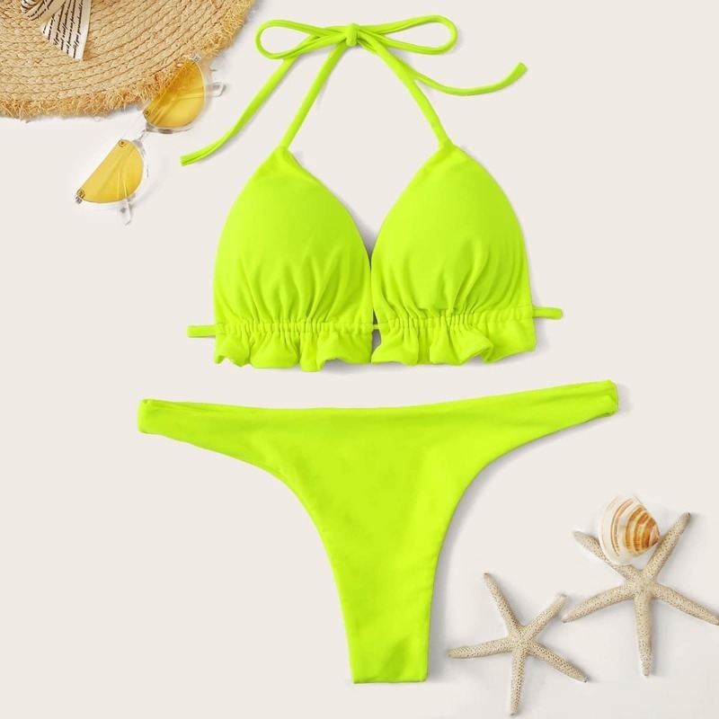 

Neon Lime Triangle Halter Top With Thong Bikini, Green bright
