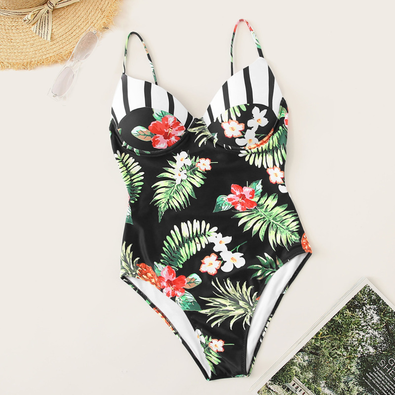 

Floral & Striped Bustier One Piece Swimsuit, Multicolor