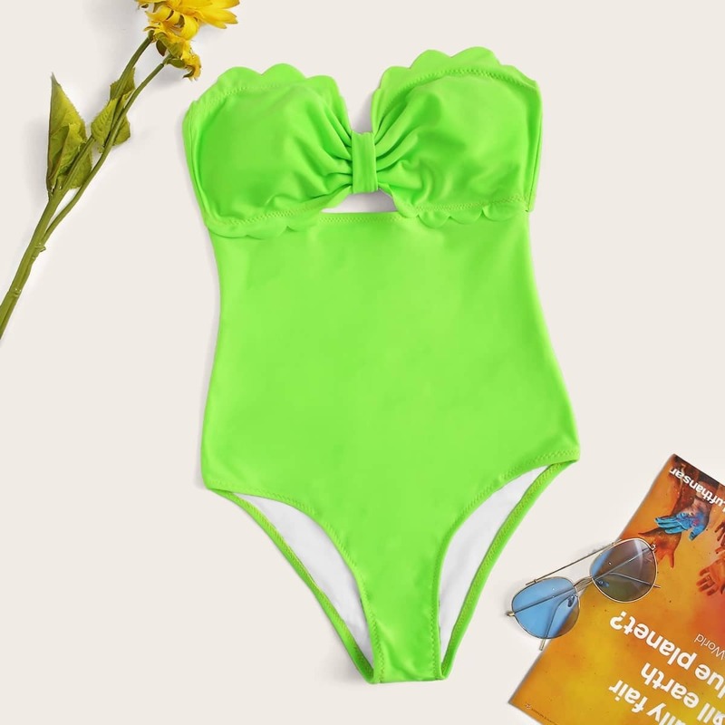

Neon Lime Scalloped Trim One Piece Swimsuit, Green bright