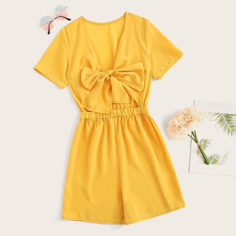 

Tie Front Solid Playsuit, Yellow