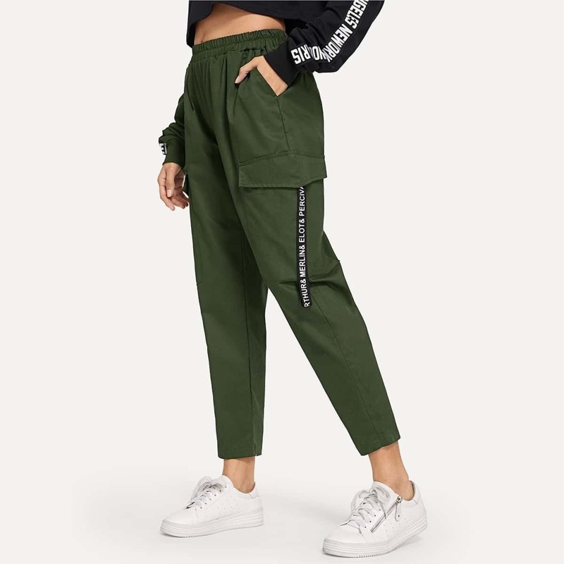 

Pocket Decorated Letter Print Utility Pants, Army green