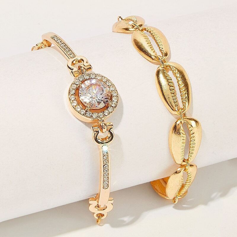

Rhinestone & Seashell Design Bracelet 2pcs, Gold
