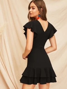 SHEIN V-Back Layered Ruffle Hem Flutter Sleeve Dress - Black - View 2