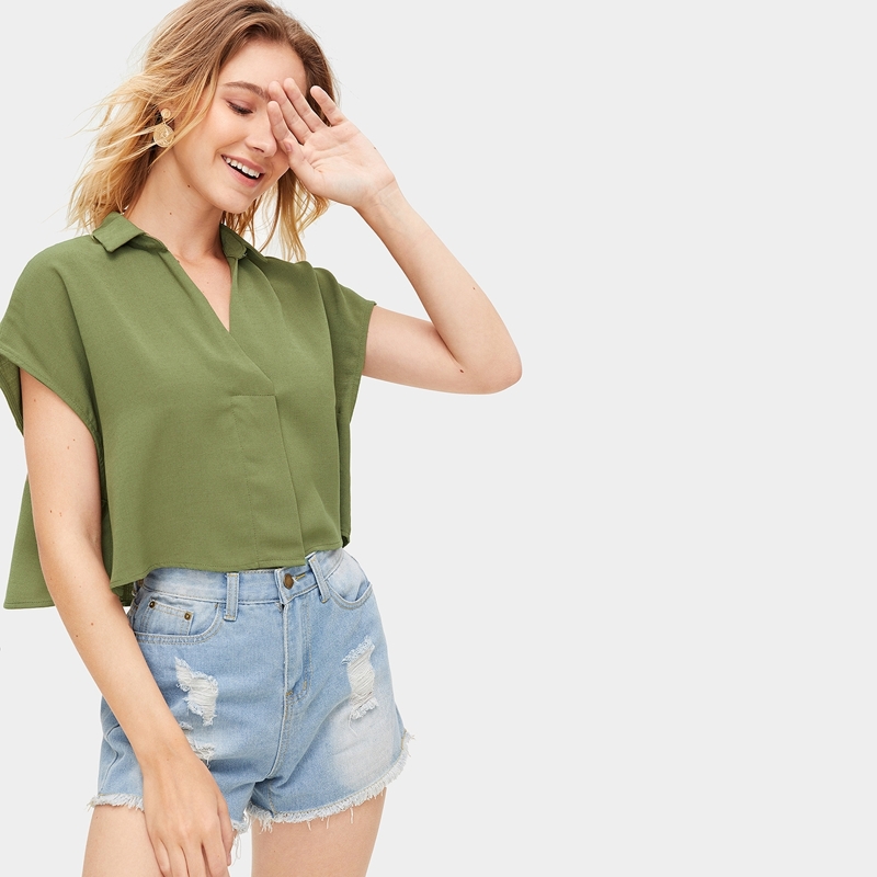 

Solid V Neck Crop Top, Army green