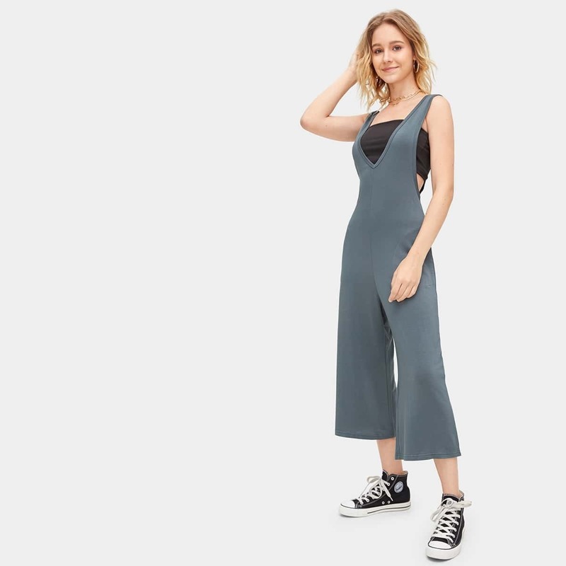 

Double V-neckline Low Side Wide Leg Jumpsuit, Green