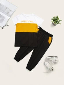 Toddler Boys Contrast Panel Letter Graphic Tee With Sweatpants - Multicolor - View 1