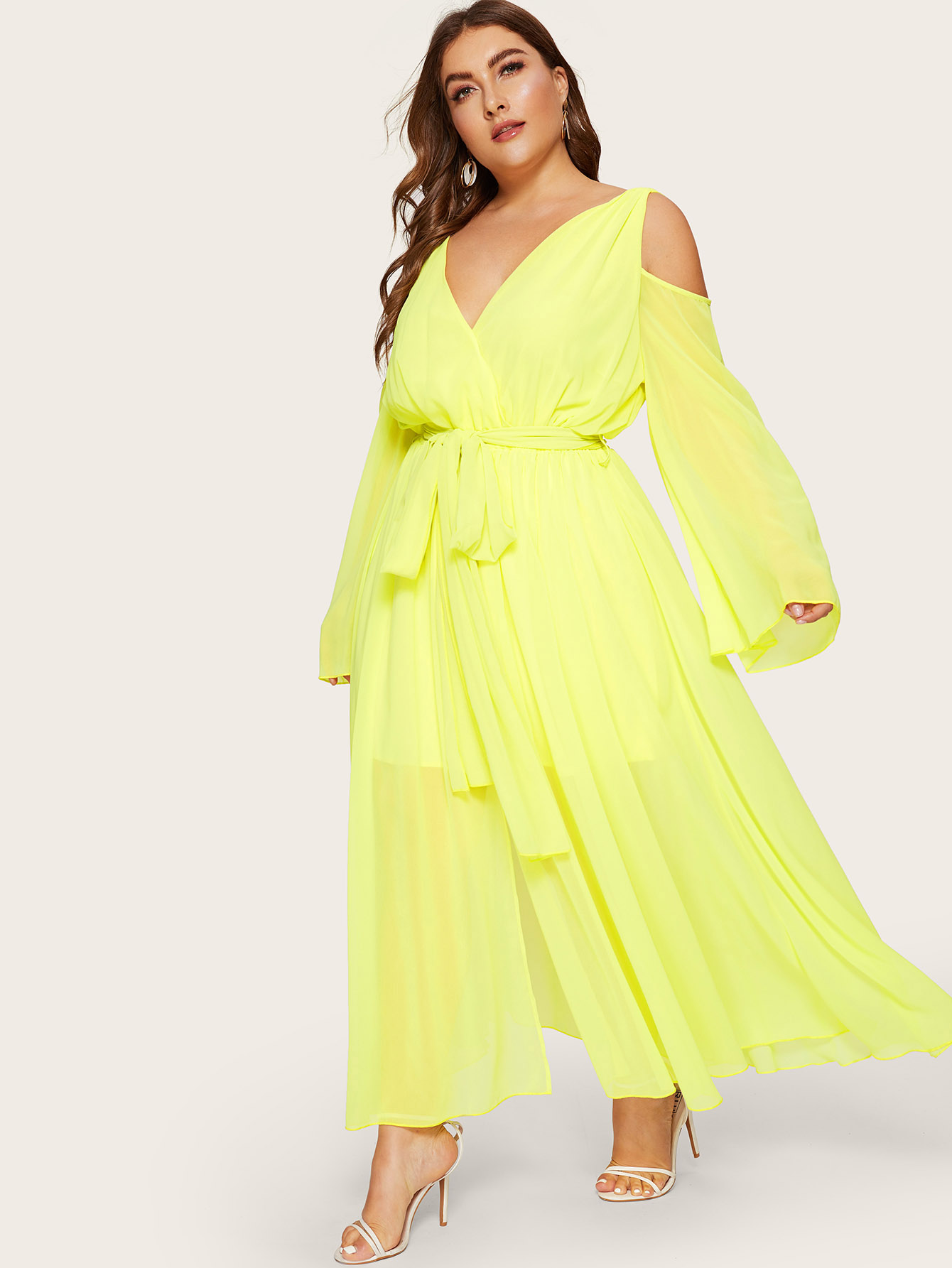 Plus Cold Shoulder Wrap Front Belted Neon Yellow Dress SHEIN UK
