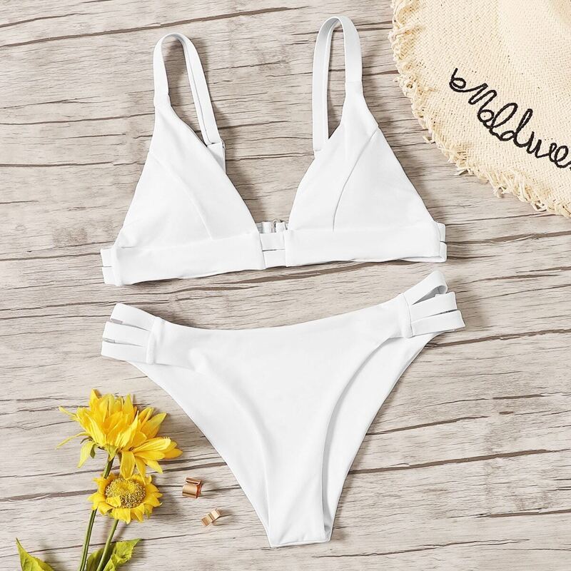 

Triangle Top With Ladder Cut-out Bikini Set, White