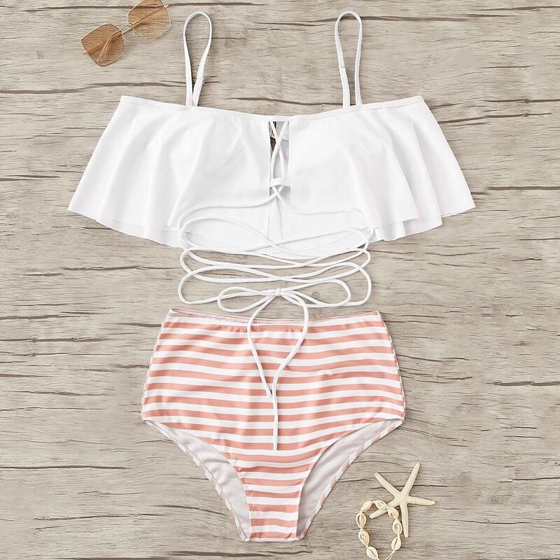 

Lace-up Flounce Top With Striped High Waist Bikini, Multicolor