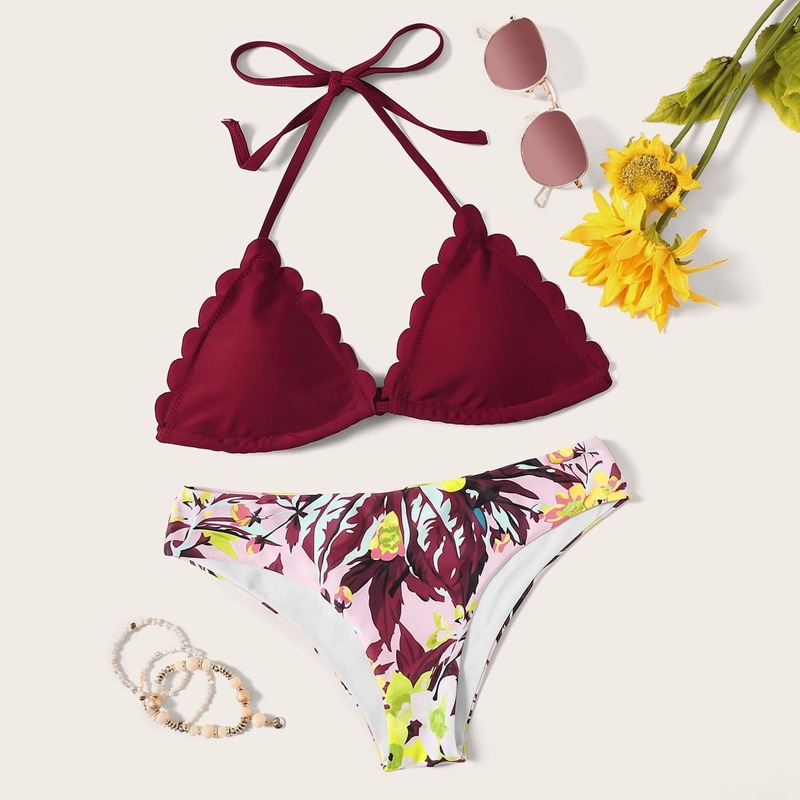 

Scallop Halter Top With Plants Print Bikini Set, Multicolor