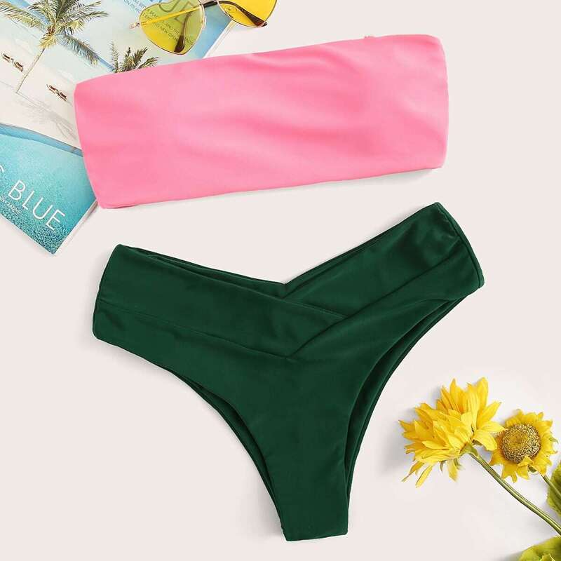 

Two Tone Top With High Leg Bikini Set, Multicolor