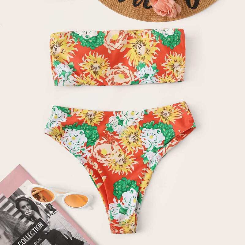

Floral Bandeau With High Cut Bikini Set, Multicolor