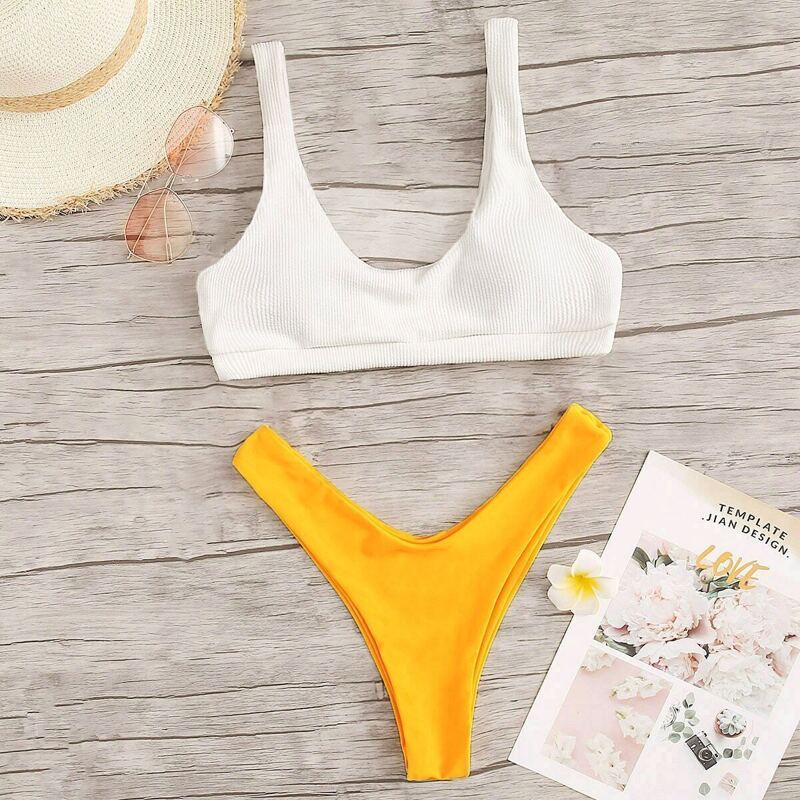 

Two Tone Ribbed Top With High Leg Bikini Set, Multicolor