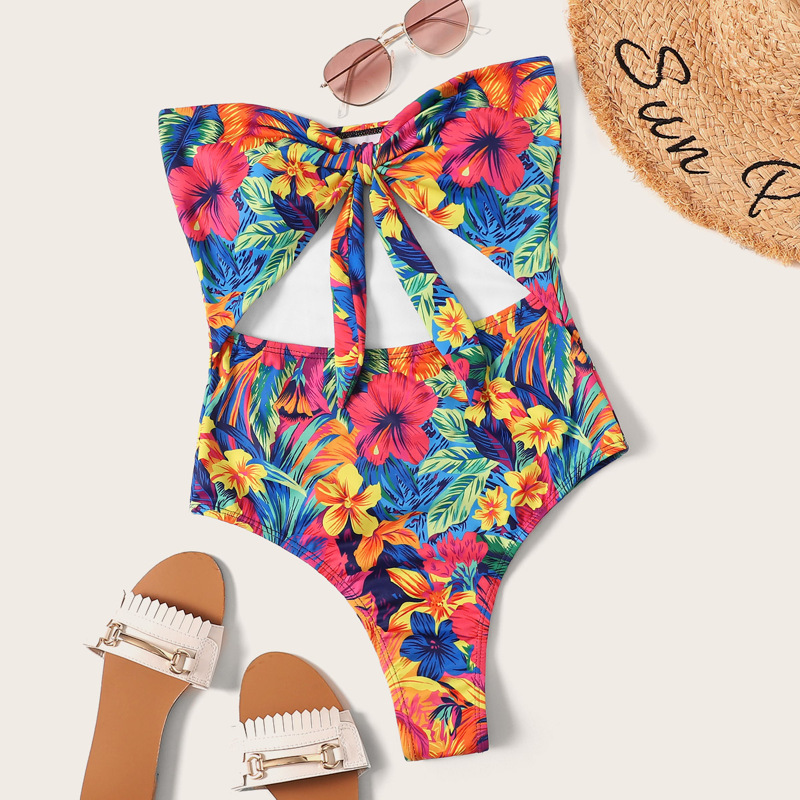 

Random Flower Print Cut-out One Piece Swimsuit, Multicolor