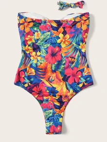 Random Floral Print Cut-out Tie Front One Piece Swim