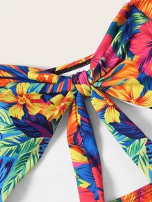 Random Floral Print Cut-out Tie Front One Piece Swim