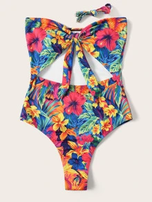 Random Floral Print Cut-out Tie Front One Piece Swim