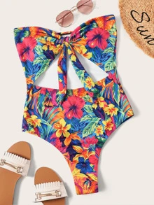 Random Floral Print Cut-out Tie Front One Piece Swim