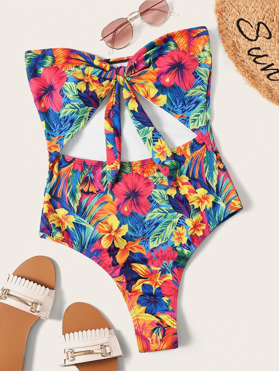 Random Floral Print Cut-out Tie Front One Piece Swim