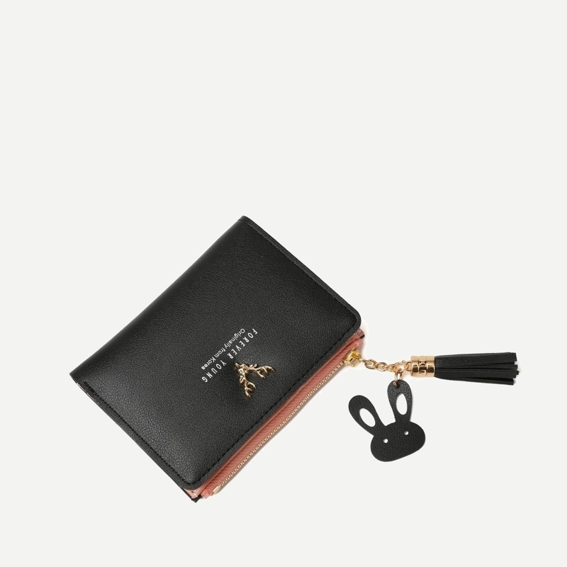 

Slogan Print Tassel Decor Wallet, Black