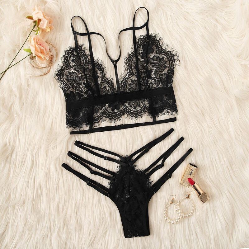 

Harness Eyelash Lace Lingerie Set, Black