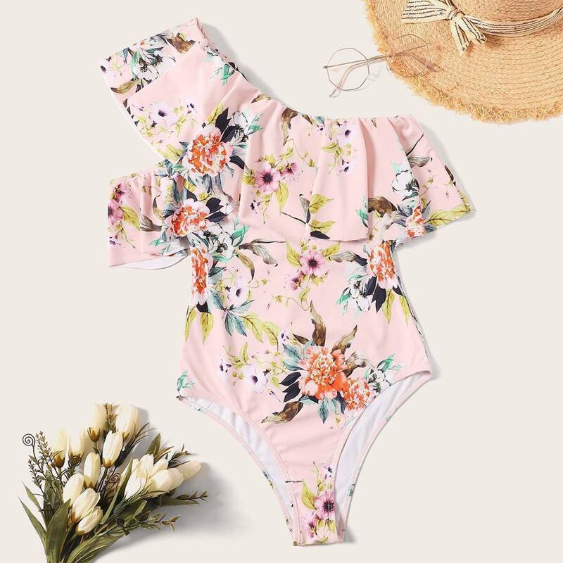 

Flounce Layered One Shoulder Floral One Piece Swimsuit, Multicolor