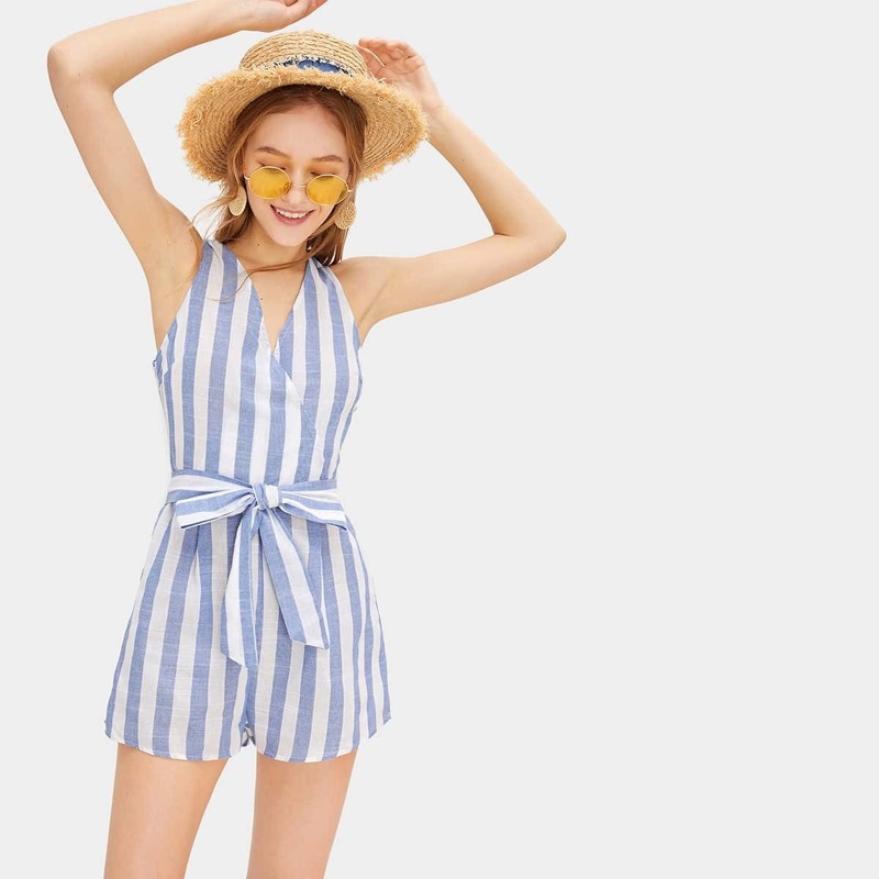 

Surplice Neck Striped Belted Romper, Blue pastel
