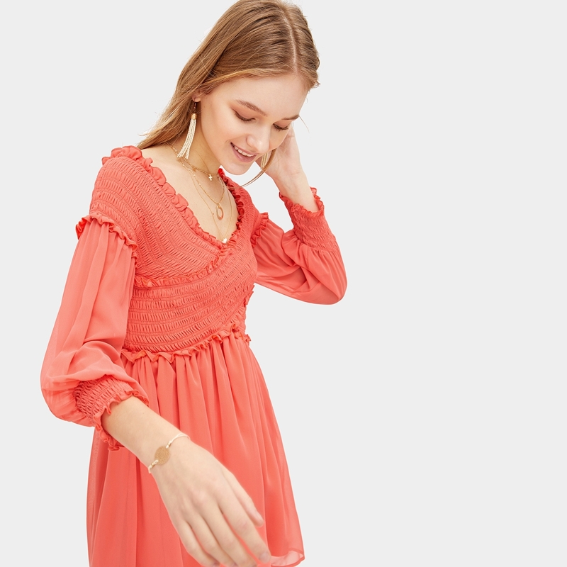 

Crossover Bardot Shirred Dress, Red